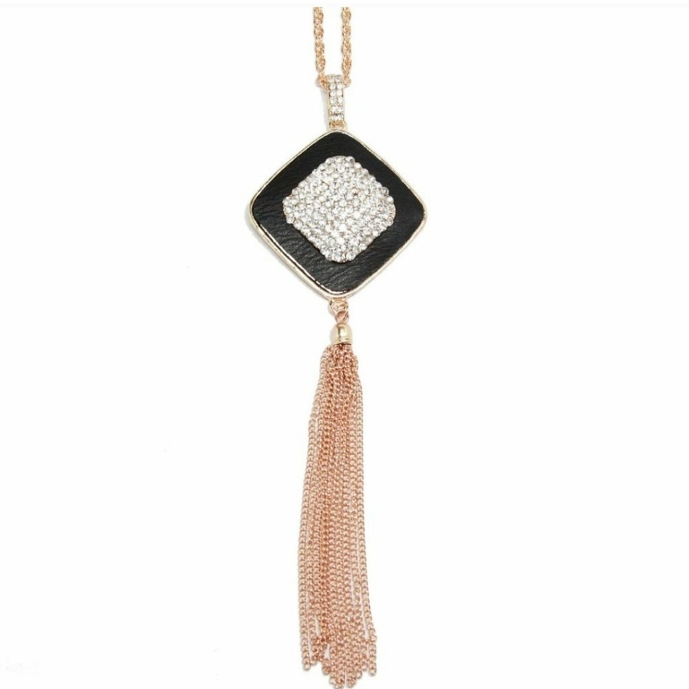 Leather & Pave Crystal  Necklace Tassel Statement Clear Glass 18K Gold - Picture 2 of 12